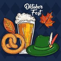 Oktoberfest-festivalviering met glasbier, pretzel, Tiroler hoed en herfstbladeren vector