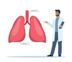 dokter geeft een opleiding lezing over anatomie. dokter presenteren menselijk longen infographics. medisch seminarie, lezing, gezondheidszorg vergadering concept. vector illustratie.