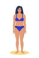 vrouw gekleed in zwempak staand Aan de strand. zomer vakanties. mooi sexy meisje in bikini. vector illustratie.