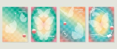 afgod minnaar posters set. schattig helling holografische achtergrond vector met pastel kleuren, vlinders, pixel, halftoon. y2k modieus behang ontwerp voor sociaal media, kaarten, banier, folder, brochure.