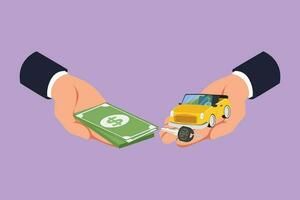 karakter vlak tekening van buying of huren auto logo, icoon, symbool. auto en geld Holding in hand. hand- van auto verkoper manager en klant Holding auto en geld. tekenfilm ontwerp vector illustratie