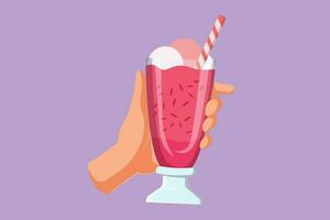 grafisch vlak ontwerp tekening gestileerde hand- houdt glas milkshake met geslagen room. verkoudheid zacht drinken voor zomer. zoet drank logo, icoon. smakelijk en lekker snel voedsel. tekenfilm stijl vector illustratie