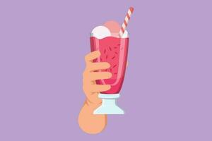 karakter vlak tekening van gestileerde menselijk hand- houdt glas milkshake met geslagen room. verkoudheid zacht drinken voor zomer. zoet bevroren drank. smakelijk en lekker snel voedsel. tekenfilm ontwerp vector illustratie