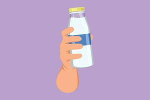 grafisch vlak ontwerp tekening menselijk hand- Holding vers melk Aan fles glas verpakking gezond drinken Product. vers melk en Gezondheid voedsel voeding voor kinderen of kinderen. tekenfilm stijl vector illustratie