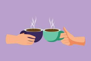 tekenfilm vlak stijl tekening handen met cups van heet koffie of heet thee. gerinkel bril met twee cups van koffie. detailopname bijgesneden visie van twee handen Holding kop en geroosterd brood. grafisch ontwerp vector illustratie