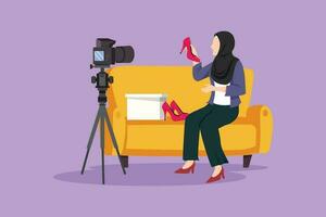 grafisch vlak ontwerp tekening Arabisch schoonheid blogger zittend Bij bank, herzien hakken schoen in haar handen terwijl opname video met digitaal camera, statief. mooi vlogger. tekenfilm stijl vector illustratie