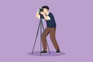 karakter vlak tekening gestileerde professioneel fotograaf met camera houding, mannetje nemen foto schoten, paparazzi, journalist bezigheid, digitaal fotografie hobby icoon. tekenfilm ontwerp vector illustratie