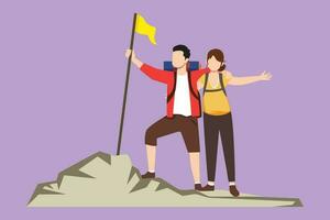 tekenfilm vlak stijl tekening jong romantisch paar Mens vrouw wandelaars toeristen backpackers Holding handen staan Aan heuvel met vlag Aan bergen. vakantie reis recreatie. grafisch ontwerp vector illustratie