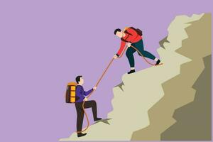 tekenfilm vlak stijl tekening actief twee Mens wandelaars beklimming omhoog berg en helpen naar elk andere met touw. bedrijf, succes, prestatie en doel concept, symbool. grafisch ontwerp vector illustratie