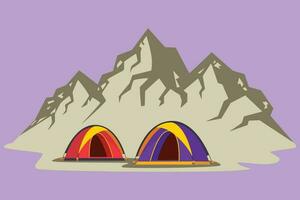 karakter vlak tekening gestileerde twee tenten in avontuur camping nacht landschap. tent camper toerist Woud berg expeditie. reizen en vakantie concept, symbool. tekenfilm ontwerp vector illustratie