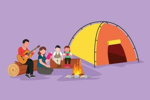 tekenfilm vlak stijl tekening van familie pret Bij zomer camping uitgeven tijd samen. vader spelen gitaar en zingen een lied met zoon. mam lezing verhaal boek met dochter. grafisch ontwerp vector illustratie