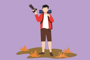 tekenfilm vlak stijl tekening jong vrolijk professioneel mannetje fotograaf met camera vreugde maken fotografie nemen natuur, reizend, hiking, vakantie concept, symbool. grafisch ontwerp vector illustratie