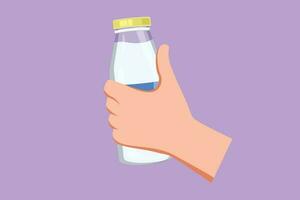 tekenfilm vlak stijl tekening glas fles verpakking van melk in Mens hand. vers melk, gezond voedsel, voor kinderen Gezondheid voedsel voeding. gelukkig dag van melk logo, icoon symbool. grafisch ontwerp vector illustratie