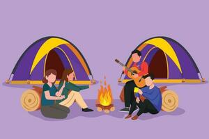 karakter vlak tekening twee romantisch paar camping in de omgeving van kampvuur tent. groep wandelaars warm hun handen in de buurt vreugdevuur zittend Aan grond, Mens spelen gitaar, zingen liedje. tekenfilm ontwerp vector illustratie