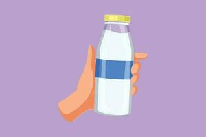 karakter vlak tekening hand- Holding vers melk Aan fles glas verpakking gezond drinken Product. vers melk voor Gezondheid voedsel voeding. zuivel melk voor kinderen of kind. tekenfilm ontwerp vector illustratie