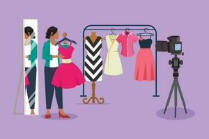 karakter vlak mode blogger. jurk, online winkelen, kleding op te slaan en lookbooks influencer opnieuw bekijken. Dames stijl wimpel. stilist, fashionista, mode adviseur. tekenfilm ontwerp vector illustratie