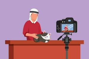 grafisch vlak ontwerp tekening jong Arabisch tiener- Mens huisdier blogger. Arabisch jongen met kat opname video Aan camera. hobby's en vrije tijd, bloggen over huisdier, dier minnaar. tekenfilm stijl vector illustratie