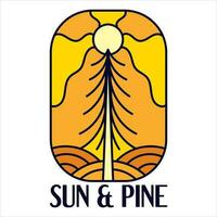 zon en pijnboom avontuur insigne t voor t-shirt ontwerpen kleding en logo merk, zomer woestijn logo teken illustratie vector