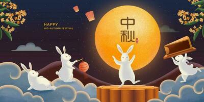 gelukkig midden herfst festival banier met schattig konijnen genieten van mooncake en de vol maan Aan sterrenhemel nacht, vakantie naam in Chinese tekens vector
