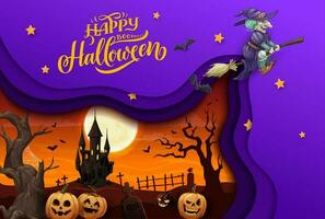 halloween papier besnoeiing vliegend heks en begraafplaats vector