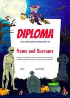 kinderen diploma halloween monsters, heks Aan begraafplaats vector