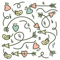 een reeks van schetsen van liefde pijlen en harten in kleur. een minimalistisch reeks van dun lineair pictogrammen gemaakt door hand. vector gekleurde elementen, tekens van liefde. een feestelijk reeks voor het drukken een verscheidenheid van pijlen