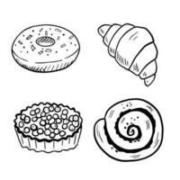 donut en croissant zwart en wit schets schetsen. lijn zoet geïsoleerd Aan wit achtergrond. tekening illustratie zoute krakeling vector