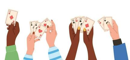 vector reeks van geïsoleerd vlak illustraties van mensen handen Holding spelen kaarten.