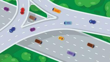 top visie van snelweg knooppunt. weg uitwisseling of snelweg kruising met bezig stedelijk verkeer. vector illustratie