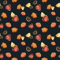 waterverf naadloos patroon met hand- getrokken traditioneel Japans snoepgoed. wagashi, mochi, herfst esdoorn- bladeren geïsoleerd Aan kleur achtergrond. uitnodigingen, restaurant menu, groet kaarten, afdrukken, textiel vector
