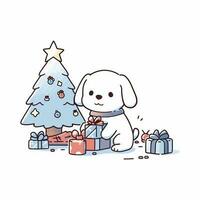 een puppy uitpakken een geschenk onder de Kerstmis boom. vector illustratie.