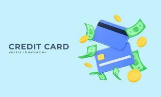 credit kaarten, groen dollars en goud munten in vlucht. vector realistisch 3d illustratie in tekenfilm stijl. concept van betaling voor aankopen door kaart, geld beheer.