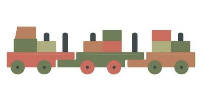 kinderen trein gemaakt van houten meetkundig blokken. leerzaam speelgoed- voor klein kinderen geïsoleerd Aan een wit achtergrond. vector illustratie in de vlak stijl.