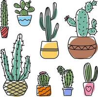 reeks van hand- getrokken divers cactussen in kleurrijk bloem potten geïsoleerd Aan wit achtergrond vector