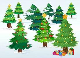 Kerstmis achtergrond met versierd Kerstmis bomen, sneeuw, en cadeaus vector