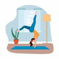 vrouw beoefenen Doen yoga oefening Bij huis. sport en geschiktheid training, gezond opleiding oefening voor lichaam. vector illustratie