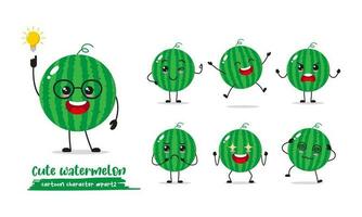 schattig groen watermeloen verschillend gezicht emotie. verschillend watemelon werkzaamheid tekenfilm vector illustratie in vlak ontwerp.