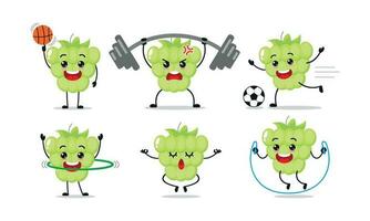 groen druif oefening verschillend sport werkzaamheid vector illustratie sticker. fruit veel gezicht uitdrukking set.