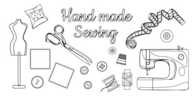 handwerk concept. divers naaien hulpmiddelen. naalden, schaar, garen, naaien machine, toetsen, spoelen, draden enz. hand- getrokken gekleurde vector set. tekenfilm stijl, vlak ontwerp. allemaal elementen zijn geïsoleerd