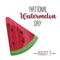 watermeloen vakantie. wereld watermeloen dag. nationaal watermeloen dag. een stuk van watermeloen en een opschrift Aan een wit achtergrond. vector illustratie.