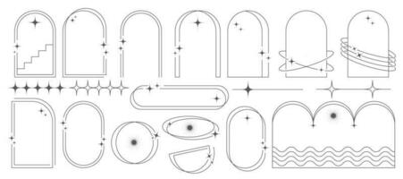 esthetisch kaders en vormen met sterren. minimaal y2k schets grafisch ontwerp met schittert. abstract minimalistisch bogen grenzen. modieus boho meetkundig Sjablonen set. vector illustratie.