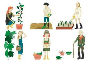 mensen tuinieren. Mens en vrouw aanplant tuinen groenten, landbouw tuinman hobby planten Bij huis en buitenshuis. vector is getrokken illustraties van planten in potten werken. boerderij vlak vector icoon reeks