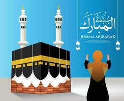 vector illustratie van meisje terug houding bidden in mekka voor jumma mubarak, al-haram moskee, kaaba in saudi Arabië