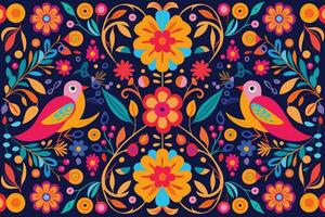 kleurrijk Mexicaans achtergrond met bloemen en vogelstand vlak ontwerp vector illustratie
