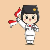 Indonesië onafhankelijkheid dag vlag opvoeder hijab vrouw karakter chibi kawaii vlak tekenfilm illustratie vector