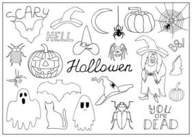 vector reeks van halloween tekening. grappig en eng halloween decoraties voor ansichtkaarten, speelkamers. hand- getrokken halloween pictogrammen.