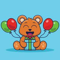 schattig beer mascotte met cadeaus en ballonnen vector illustratie