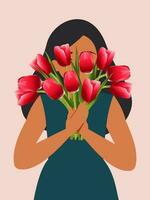 jong modieus vrouw verbergt achter een boeket van rood tulp bloemen. de concept van liefde en voorjaar vakantie. verticaal roze ansichtkaart. vector. vector