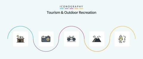 toerisme en buitenshuis recreatie lijn gevulde vlak 5 icoon pak inclusief vis. reizen. fiets. landschap. bergen vector