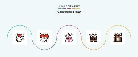 valentijnsdag dag lijn gevulde vlak 5 icoon pak inclusief huis. liefde bed. boeket. liefde. bed vector